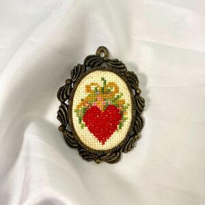 The Creative Circle Vintage Brassy Gold Red Heart Needle Point Brooch Pendant